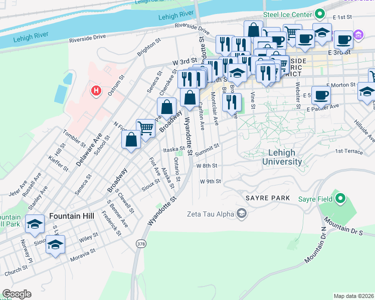 map of restaurants, bars, coffee shops, grocery stores, and more near 704 Wyandotte Street in Bethlehem