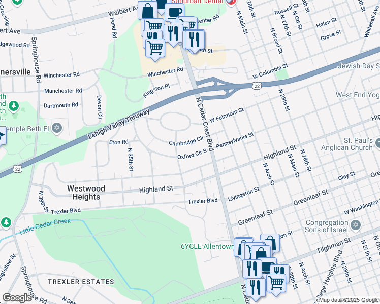 map of restaurants, bars, coffee shops, grocery stores, and more near 3205 Cambridge Circle in Allentown