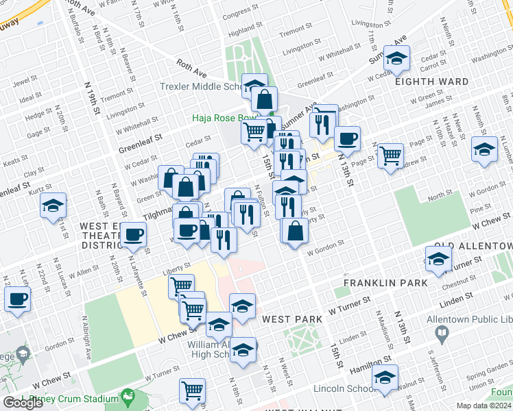 map of restaurants, bars, coffee shops, grocery stores, and more near 1539 West Allen Street in Allentown