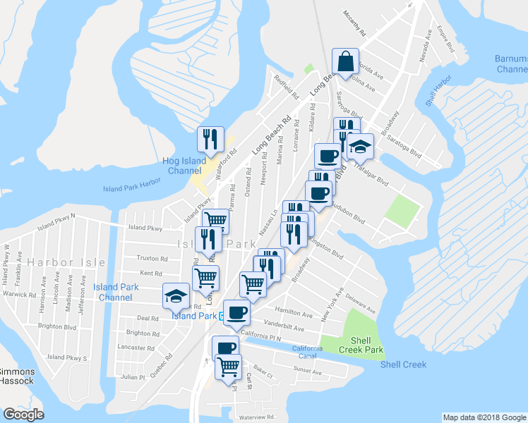 map of restaurants, bars, coffee shops, grocery stores, and more near 33 Newport Road in Island Park