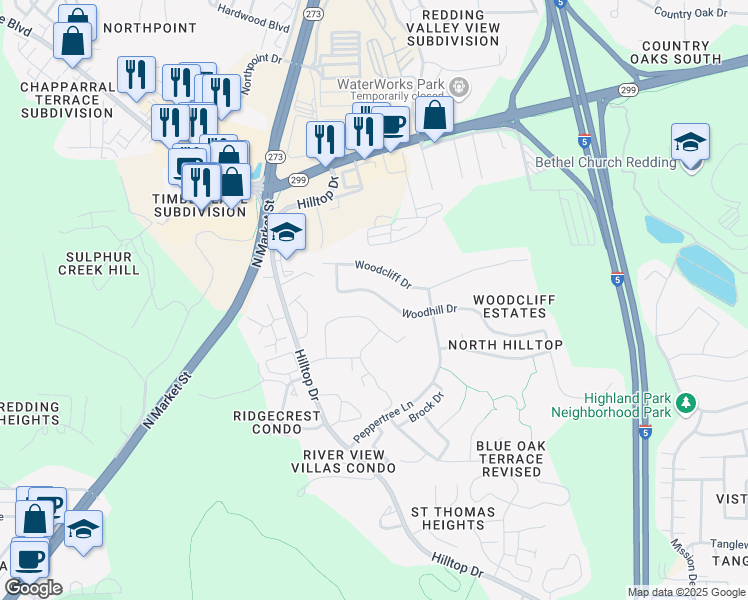 map of restaurants, bars, coffee shops, grocery stores, and more near 205 Woodhill Drive in Redding