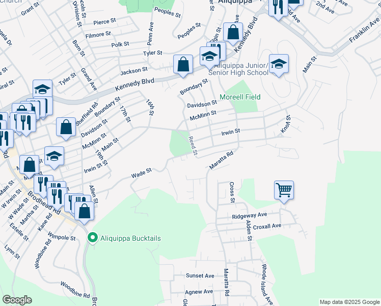 map of restaurants, bars, coffee shops, grocery stores, and more near Wade Street in Aliquippa
