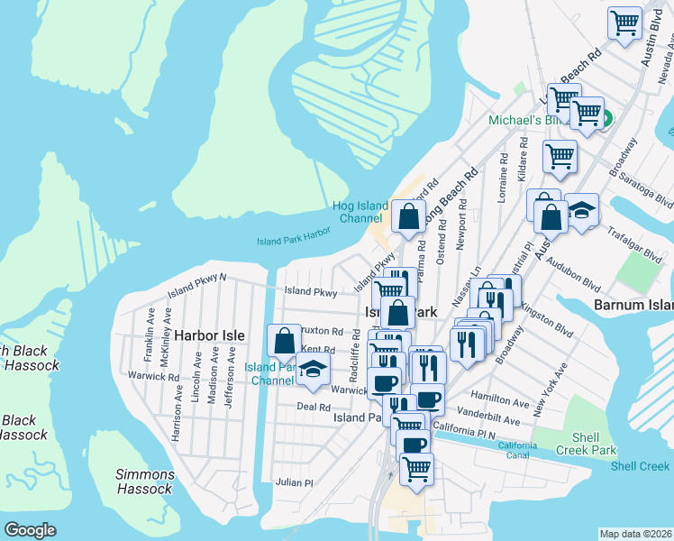 map of restaurants, bars, coffee shops, grocery stores, and more near 22 Roosevelt Place in Island Park