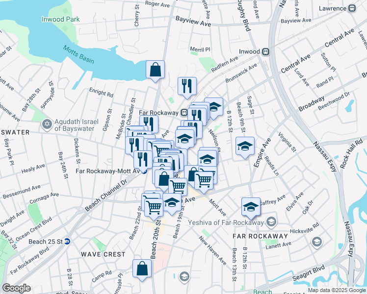 map of restaurants, bars, coffee shops, grocery stores, and more near 20-02 Bayport Place in Queens