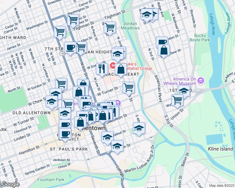 map of restaurants, bars, coffee shops, grocery stores, and more near 125 North Penn Street in Allentown