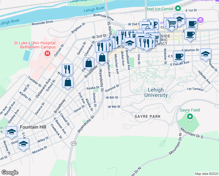 map of restaurants, bars, coffee shops, grocery stores, and more near 556 Carlton Avenue in Bethlehem
