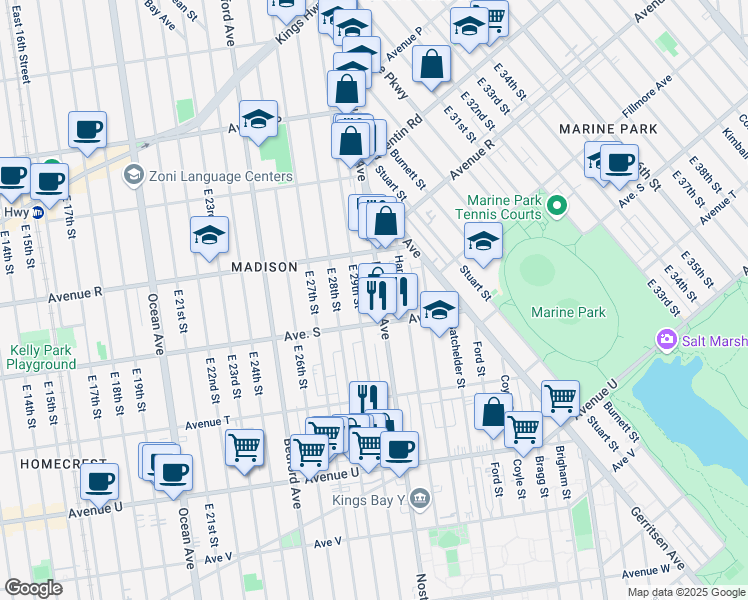 map of restaurants, bars, coffee shops, grocery stores, and more near 1838 Haring Street in Brooklyn