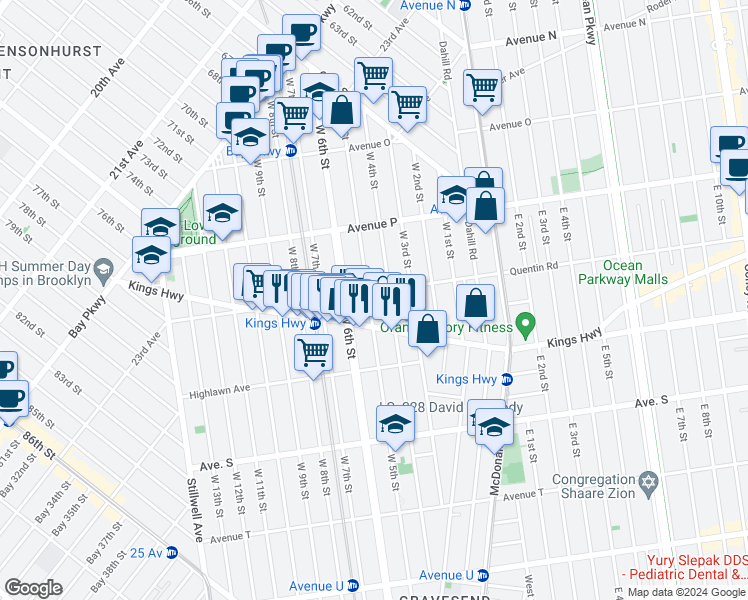 map of restaurants, bars, coffee shops, grocery stores, and more near 1707 West 5th Street in Brooklyn
