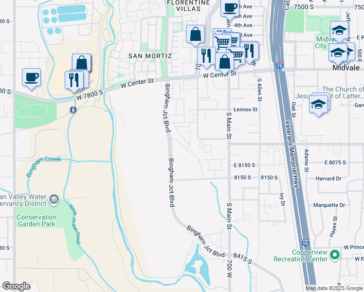 map of restaurants, bars, coffee shops, grocery stores, and more near 7876 South Holden Street in Midvale