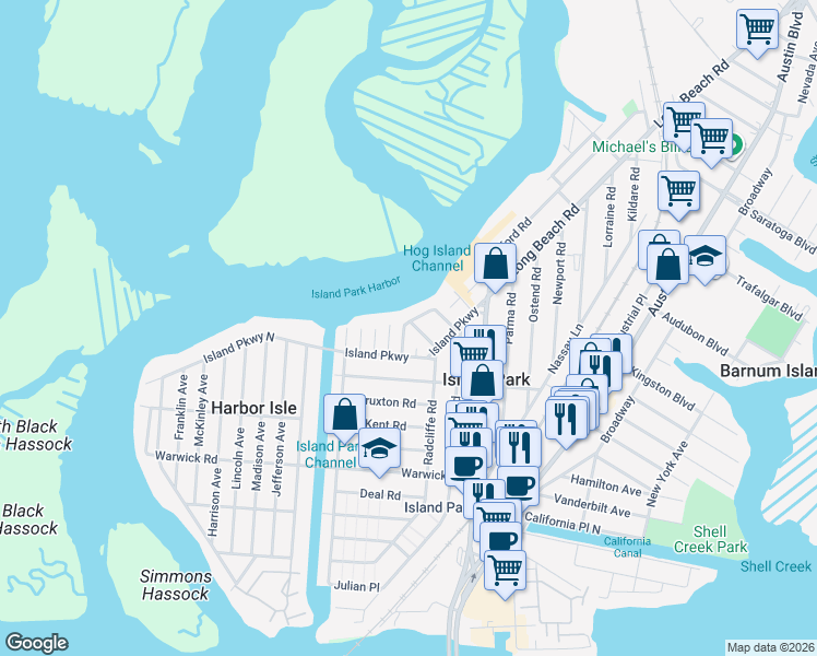 map of restaurants, bars, coffee shops, grocery stores, and more near 22 Roosevelt Place in Island Park