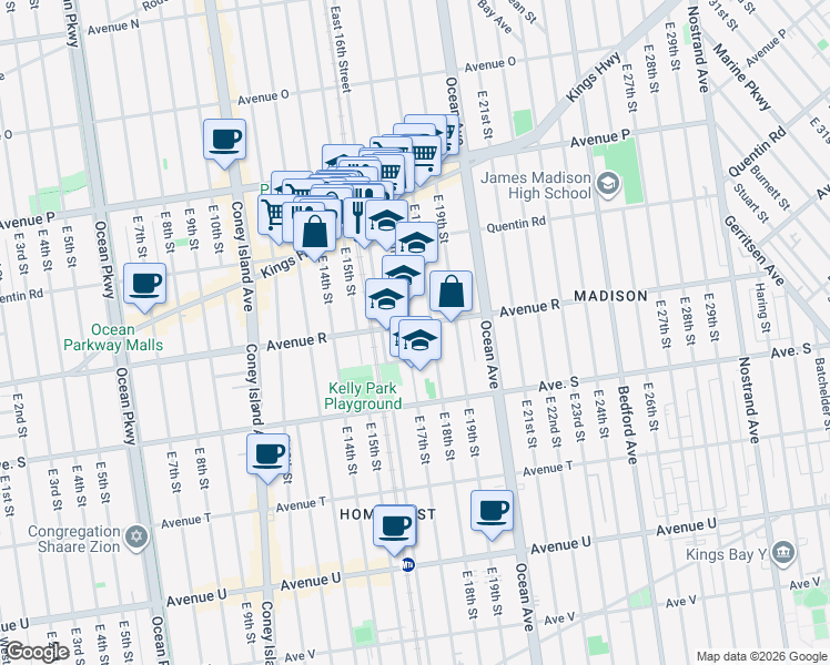 map of restaurants, bars, coffee shops, grocery stores, and more near 1784 East 17th Street in Brooklyn