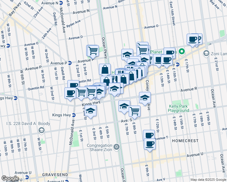 map of restaurants, bars, coffee shops, grocery stores, and more near 1729 Ocean Parkway in Brooklyn