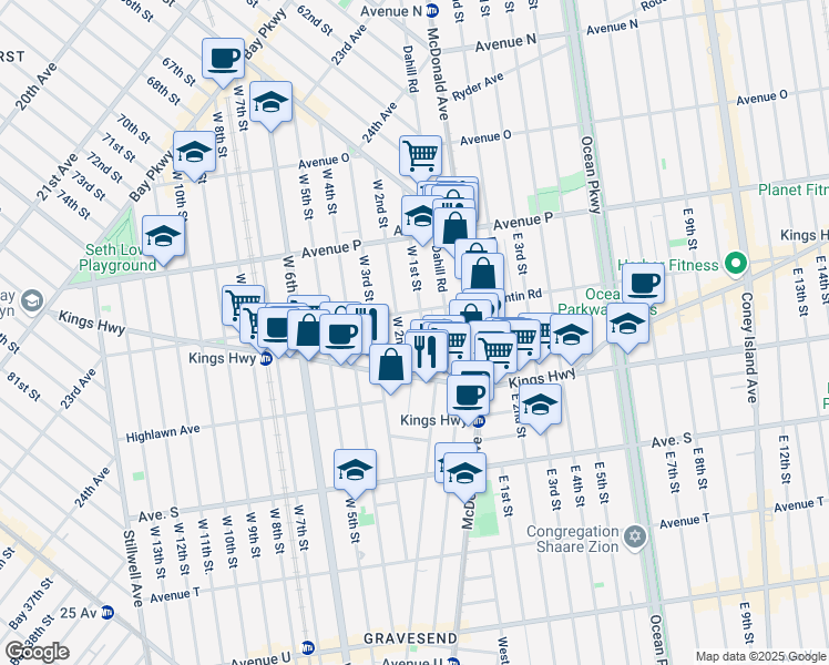 map of restaurants, bars, coffee shops, grocery stores, and more near 1677 West 2nd Street in Brooklyn
