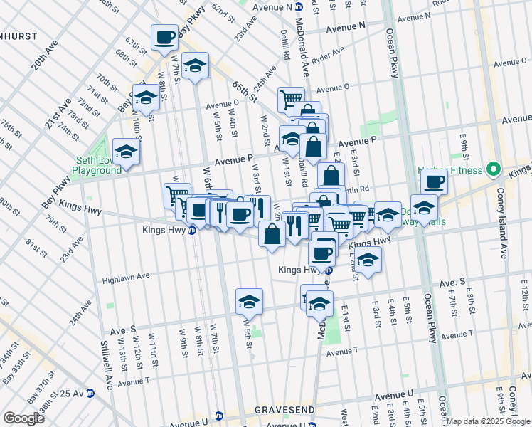 map of restaurants, bars, coffee shops, grocery stores, and more near 1677 West 2nd Street in Brooklyn