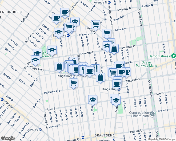 map of restaurants, bars, coffee shops, grocery stores, and more near 1664A West 5th Street in Brooklyn