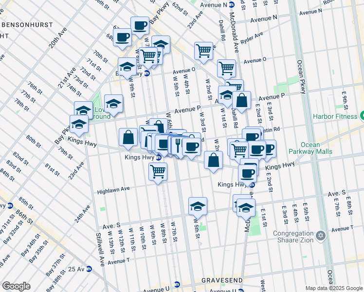 map of restaurants, bars, coffee shops, grocery stores, and more near 1664A West 5th Street in Brooklyn