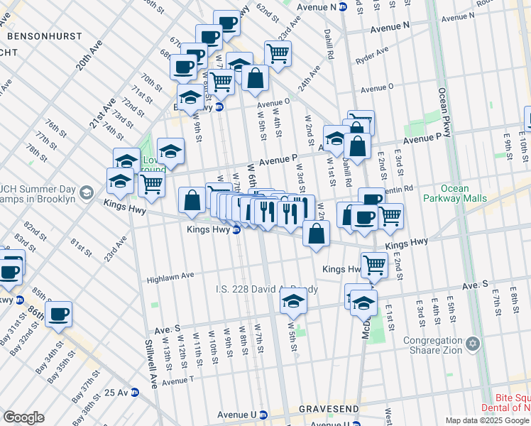 map of restaurants, bars, coffee shops, grocery stores, and more near 1664A West 5th Street in Brooklyn