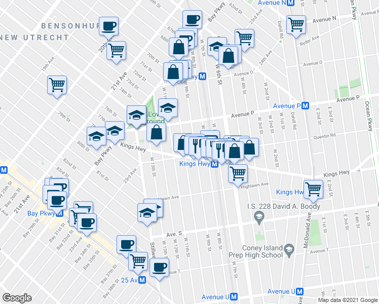 map of restaurants, bars, coffee shops, grocery stores, and more near 1647 West 10th Street in Brooklyn