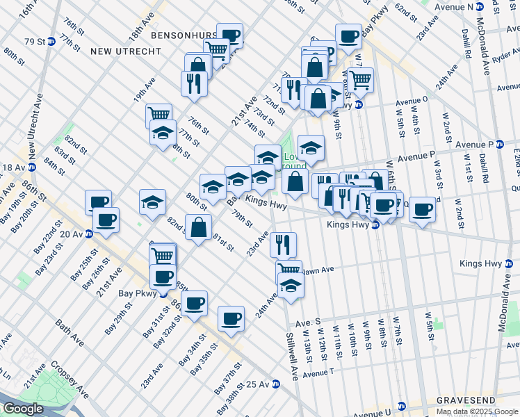 map of restaurants, bars, coffee shops, grocery stores, and more near 1626 Stillwell Avenue in Brooklyn