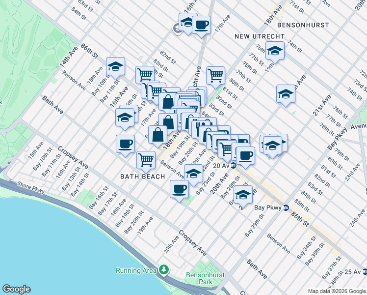 map of restaurants, bars, coffee shops, grocery stores, and more near 18 Bay 19th Street in Brooklyn