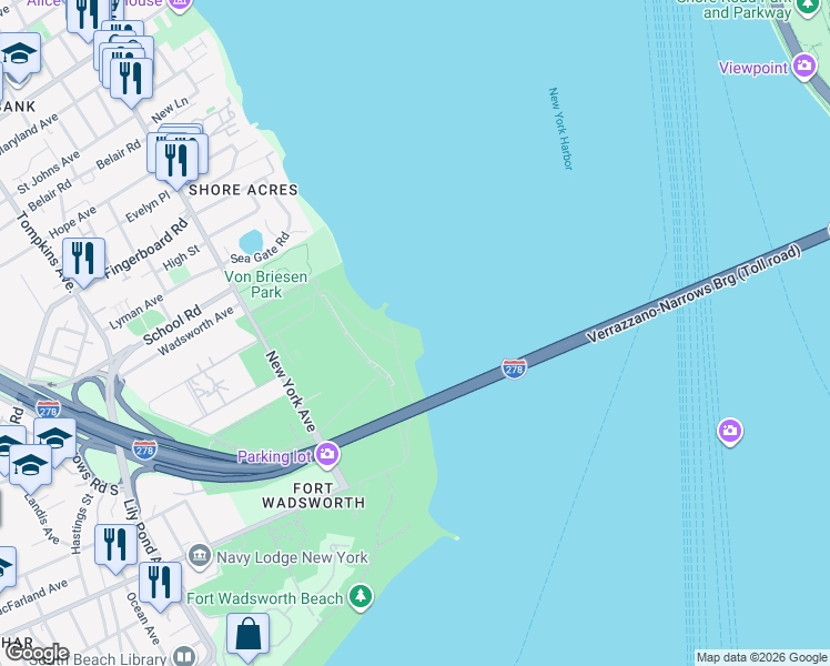 map of restaurants, bars, coffee shops, grocery stores, and more near 141-155 Dock Road in Staten Island