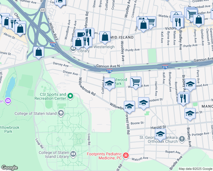 map of restaurants, bars, coffee shops, grocery stores, and more near 671 Collfield Avenue in Staten Island