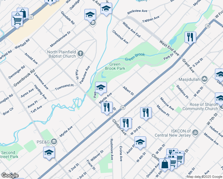map of restaurants, bars, coffee shops, grocery stores, and more near in Plainfield
