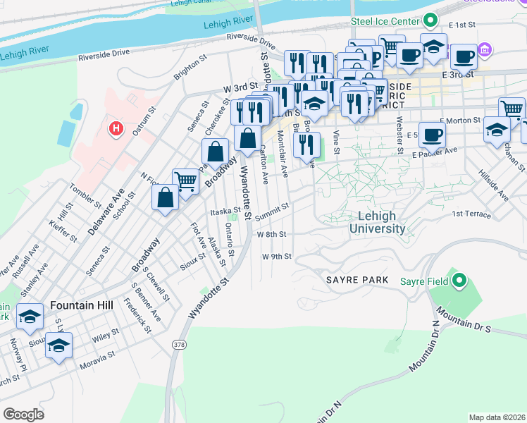 map of restaurants, bars, coffee shops, grocery stores, and more near 532 Carlton Avenue in Bethlehem