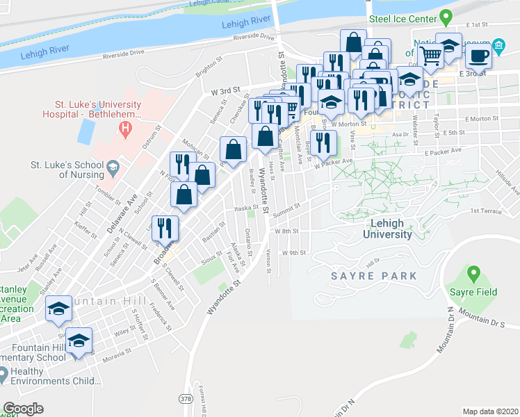 map of restaurants, bars, coffee shops, grocery stores, and more near 616 Wyandotte Street in Bethlehem