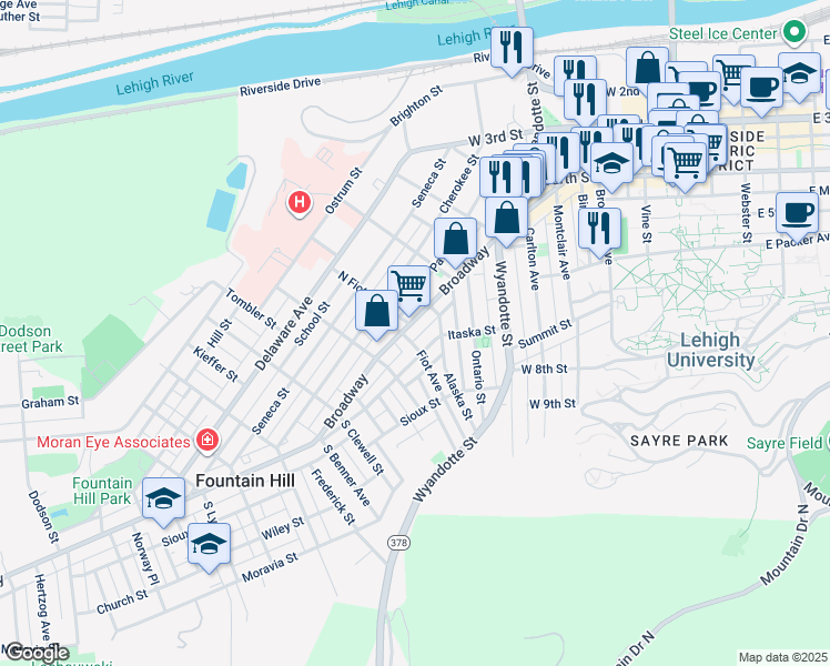 map of restaurants, bars, coffee shops, grocery stores, and more near 641 Broadway in Bethlehem