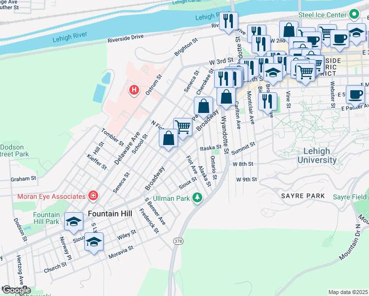map of restaurants, bars, coffee shops, grocery stores, and more near 641 Broadway in Bethlehem