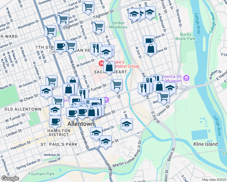 map of restaurants, bars, coffee shops, grocery stores, and more near in Allentown