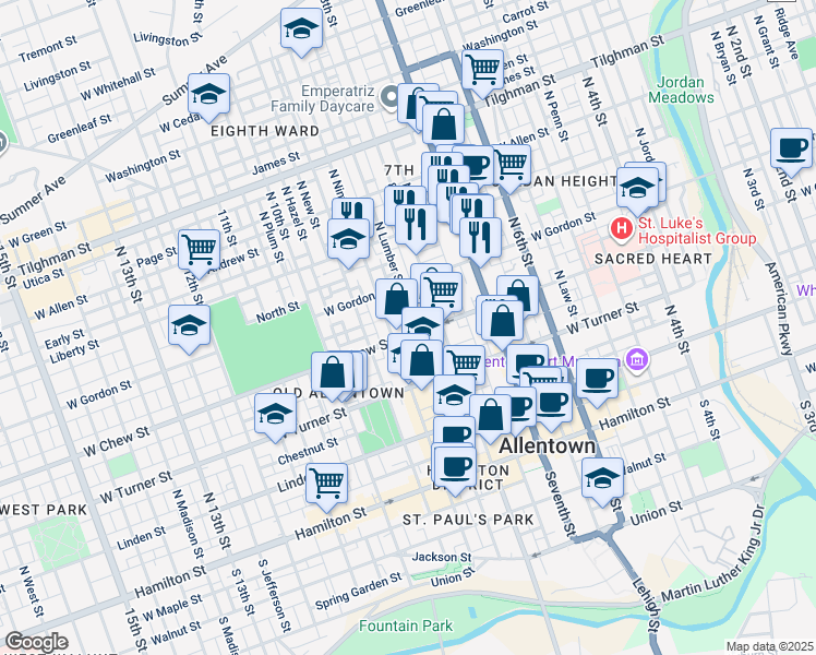 map of restaurants, bars, coffee shops, grocery stores, and more near 336 North Lumber Street in Allentown