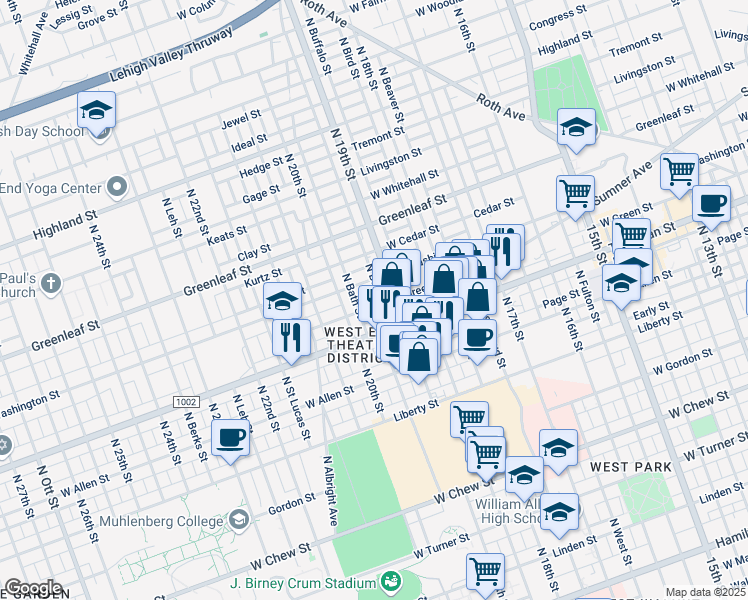 map of restaurants, bars, coffee shops, grocery stores, and more near 1917 West Washington Street in Allentown