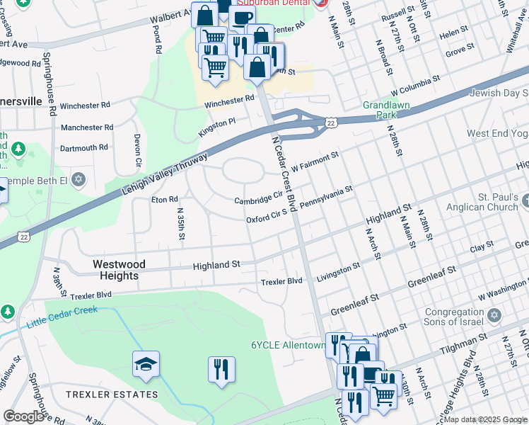 map of restaurants, bars, coffee shops, grocery stores, and more near 3205 Cambridge Circle in Allentown