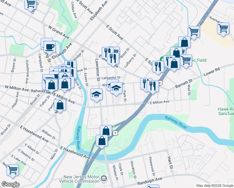 map of restaurants, bars, coffee shops, grocery stores, and more near 1756 Park Street in Rahway