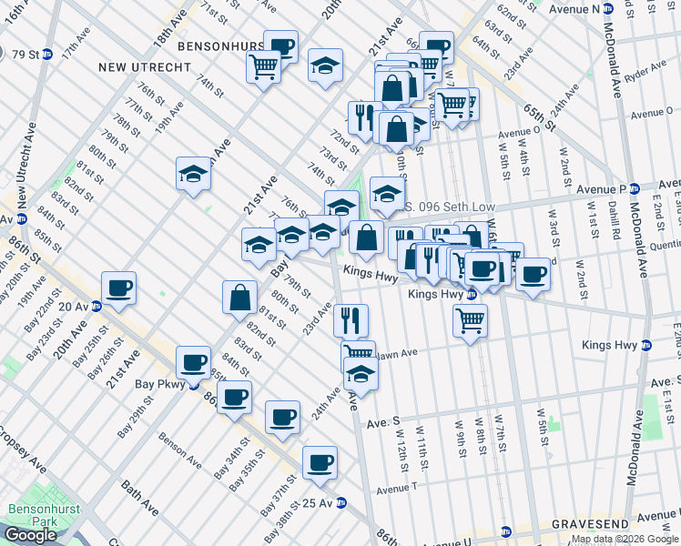 map of restaurants, bars, coffee shops, grocery stores, and more near 1631 West 13th Street in Brooklyn