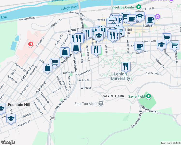 map of restaurants, bars, coffee shops, grocery stores, and more near 612 Montclair Avenue in Bethlehem