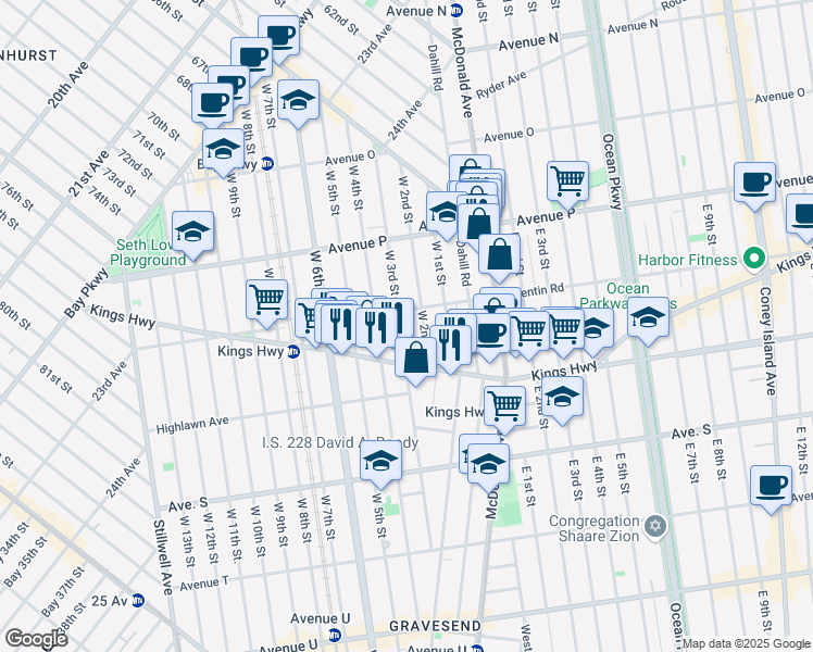 map of restaurants, bars, coffee shops, grocery stores, and more near 1701 West 3rd Street in Brooklyn