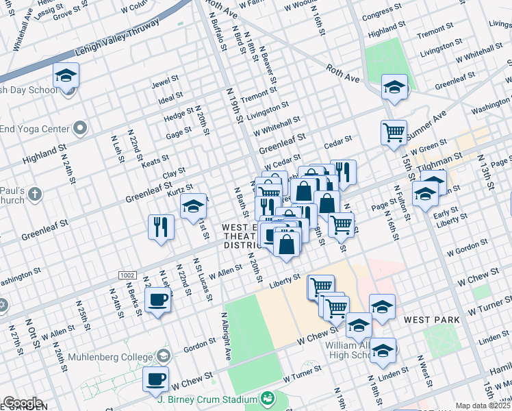 map of restaurants, bars, coffee shops, grocery stores, and more near 1917 West Washington Street in Allentown