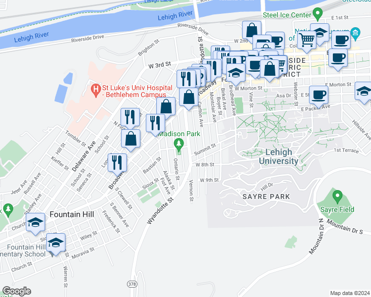 map of restaurants, bars, coffee shops, grocery stores, and more near 702 Wyandotte Street in Bethlehem