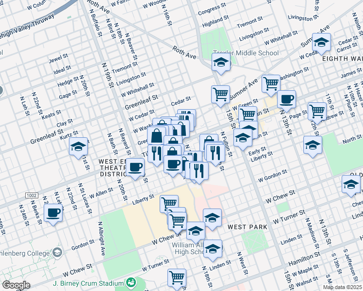 map of restaurants, bars, coffee shops, grocery stores, and more near 1637 Tilghman Street in Allentown