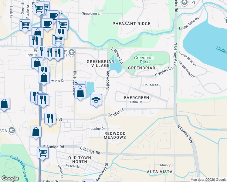 map of restaurants, bars, coffee shops, grocery stores, and more near 613 Foxtail Street in Fort Collins