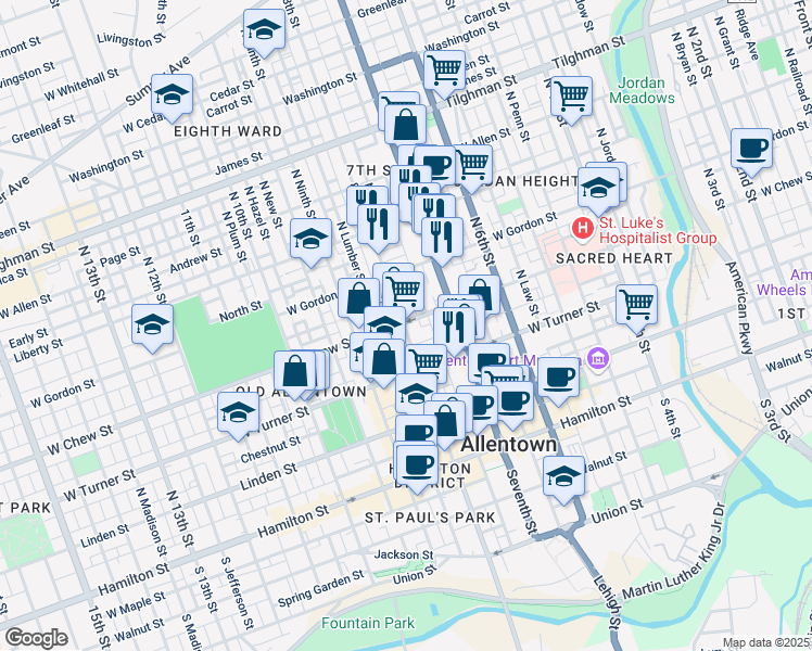 map of restaurants, bars, coffee shops, grocery stores, and more near 319 North 8th Street in Allentown
