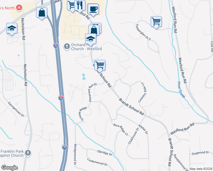 map of restaurants, bars, coffee shops, grocery stores, and more near 2541 Brandt School Road in Wexford