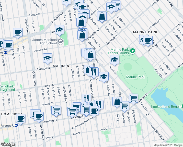 map of restaurants, bars, coffee shops, grocery stores, and more near 1838 Haring Street in Brooklyn