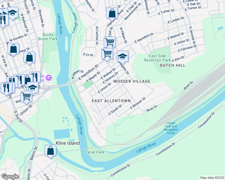 map of restaurants, bars, coffee shops, grocery stores, and more near 270 East Union Street in Allentown
