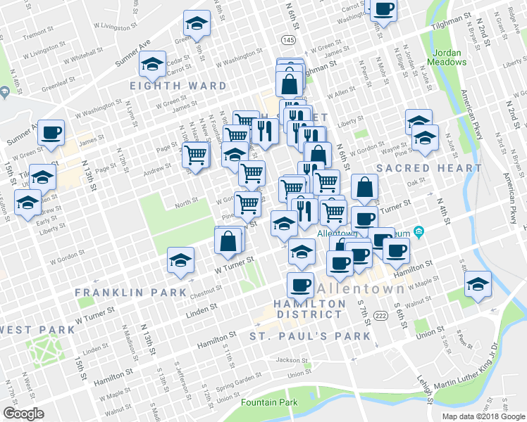 map of restaurants, bars, coffee shops, grocery stores, and more near 311 North 9th Street in Allentown