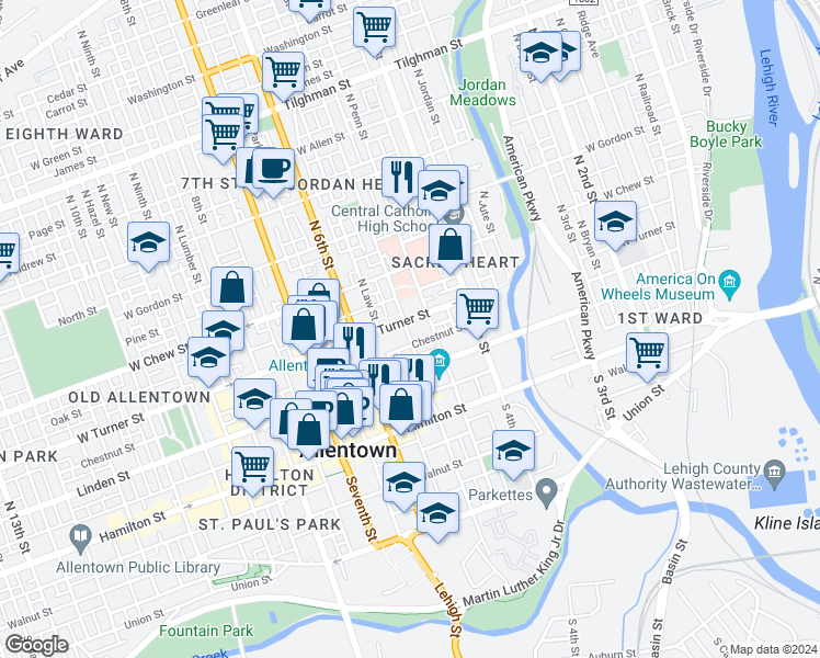 map of restaurants, bars, coffee shops, grocery stores, and more near 139 North 5th Street in Allentown