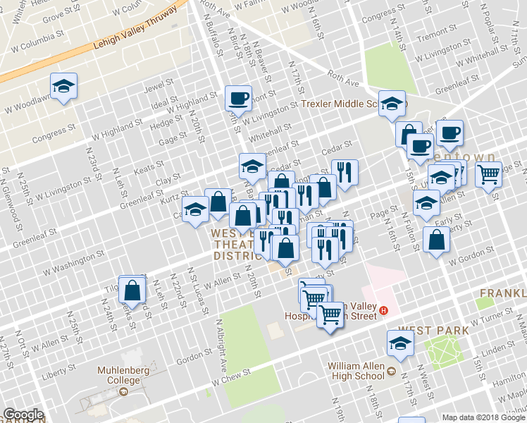 map of restaurants, bars, coffee shops, grocery stores, and more near 728 North 19th Street in Allentown